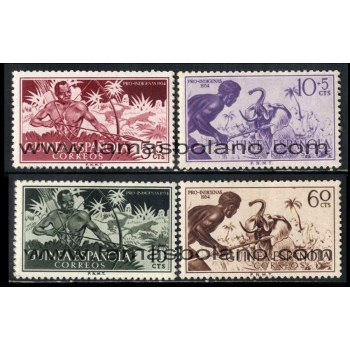 SELLOS GUINEA ESPAÑOLA 1954 - PRO INDIGENAS - CAZA CON ARCO - CAZA CON LANZA - 4 VALORES - CORREO