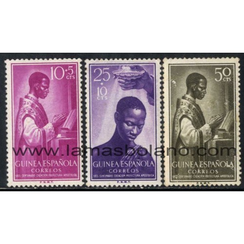 SELLOS GUINEA ESPAÑOLA 1955 - PREFECTURA APOSTOLICA DE FERNANDO POO, ANNOBON Y CORISCO CENTENARIO - 3 VALORES - CORREO