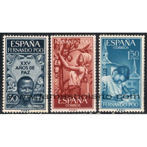 SELLOS FERNANDO POO 1965 - 25 AÑOS PAZ ESPAÑOLA - ALEGORIA DE LA PAZ - RECOLECCION DE FRUTOS - ESCUELAS - 3 VALORES - CORREO