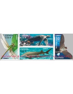 SELLOS ESPAÑA 2015 - FAUNA PROTEGIDA - LIBELULA - TORTUGA - ESTURION - MURCIELAGO - 4 VALORES - CORREO
