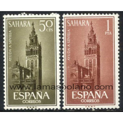 SELLOS SAHARA 1963 - COLONIA ESPAÑOLA - AYUDA A SEVILLA - LA GIRALDA - 2 VALORES - CORREO