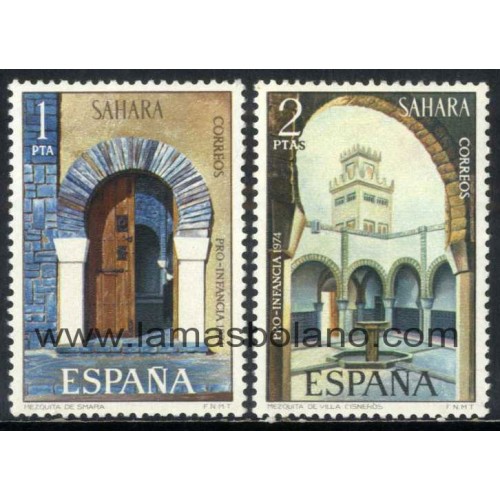 SELLOS SAHARA 1974 - COLONIA ESPAÑOLA - PRO INFANCIA - MEZQUITAS - 2 VALORES - CORREO
