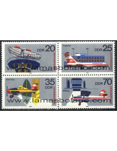 SELLOS ALEMANIA ORIENTAL 1980 - SERVICIOS Y ACTIVIDADES DE INTERFLUG - 4 VALORES EN BLOQUE 4 - CORREO