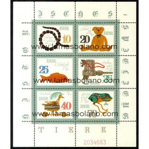 SELLOS ALEMANIA ORIENTAL 1981 - JUGUETES HISTORICOS - ANIMALES - 6 VALORES EMITIDOS EN HOJITA - CORREO