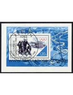 SELLOS ALEMANIA ORIENTAL 1988 - OLIMPIADA DE INVIERNO DE CALGARY - HOJITA BLOQUE MATASELLADA