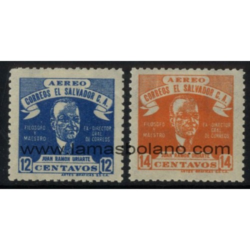 SELLOS EL SALVADOR 1946 - JUAN RAMON URIARTE - 2 VALORES FIJASELLO - AEREO