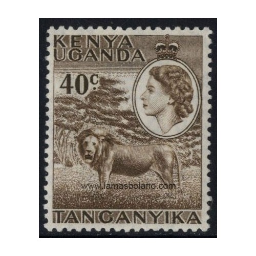 SELLOS KENIA-UGANDA-TANGANIKA 1954 - LEON Y ELIZABETH II - 1 VALOR - CORREO