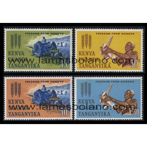 SELLOS KENIA-UGANDA-TANGANIKA 1963 - CAMPAÑA MUNDIAL CONTRA EL HAMBRE - 4 VALORES - CORREO