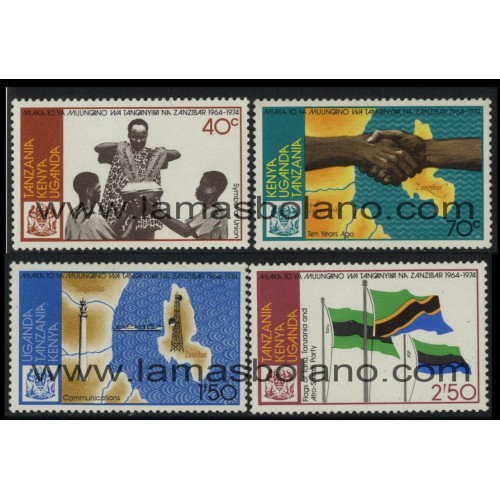 SELLOS ESTE AFRICANO 1974 - UNION DE TANGANIKA Y ZANZIBAR 10 ANIVERSARIO - 4 VALORES - CORREO