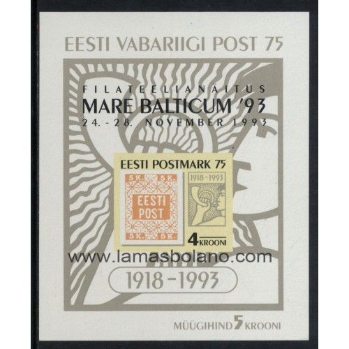 SELLOS ESTONIA 1993 - MARE BALTICUM 93 EXPOSICION FILATELICA INTERNACIONAL EN TALLIN - HOJITA BLOQUE SIN DENTAR SOBRECARGADA