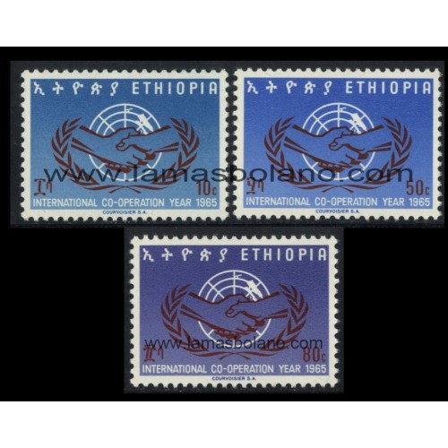 SELLOS ETIOPIA 1965 - AÑO DE LA COOPERACION INTERNACIONAL Y 20 ANIVERSARIO DE LA ONU - 3 VALORES - CORREO