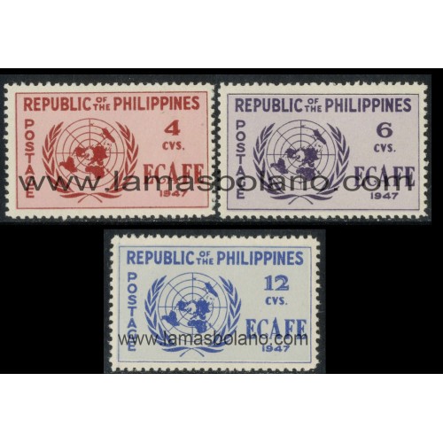 SELLOS FILIPINAS 1948 - CONFERENCIA DE LA COMISION ECONOMICA DE ASIA Y EXTREMO ORIENTE EN BAGUIO - 3 VALORES - CORREO