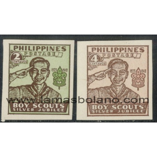 SELLOS FILIPINAS 1949 - BOY SCOUTS 25 ANIVERSARIO - 2 VALORES SIN DENTAR FIJASELLO - CORREO