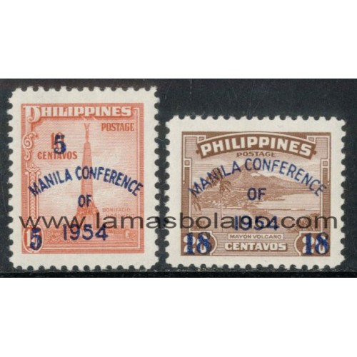 SELLOS FILIPINAS 1954 - CONFERENCIA SUR ASIATICA EN MANILA - 2 VALORES SOBRECARGADOS FIJASELLO - CORREO