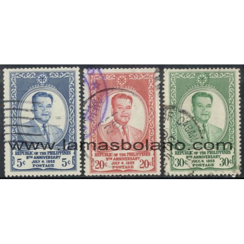 SELLOS FILIPINAS 1955 - 9 ANIVERSARIO DE LA REPUBLICA - 3 VALORES MATASELLADOS - CORREO