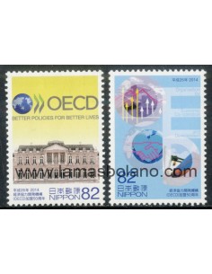 SELLOS JAPON 2014 - 50º ANIVERSARIO ADHESIÓN OCDE - 2 VALORES - CORREO 