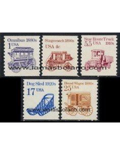 SELLOS ESTADOS UNIDOS 1986 - TRANSPORTES - 5 VALORES DENTADO VERTICAL - CORREO
