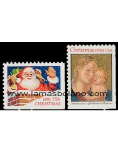 SELLOS ESTADOS UNIDOS 1991 - NAVIDAD - 2 VALORES SIN DENTAR ABAJO Y DERECHA - CORREO