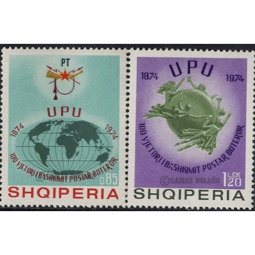 SELLOS DE ALBANIA 1974 - CENTENARIO DE LA UPU - 2 VALORES