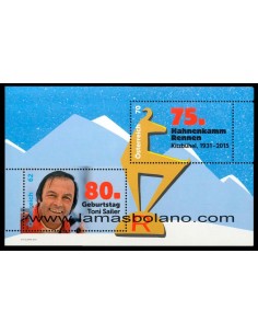 SELLOS AUSTRIA 2015 - TONI SAILER Y CARRERA HAHNENHAMM - 2 VALORES EMITIDOS EN HOJITA BLOQUE - CORREO 