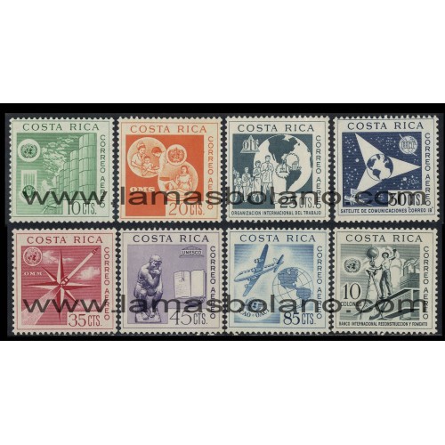SELLOS COSTA RICA 1961 - 15 ANIVERSARIO DE LAS NACIONES UNIDAS - 8 VALORES - AEREO