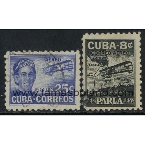 SELLOS CUBA 1952 - TRAVESIA DEL CANAL DE LA FLORIDA POR EL AVIADOR CUBANO AGUSTIN PARLA - 2 VALORES  MATASELLADOS - AEREO