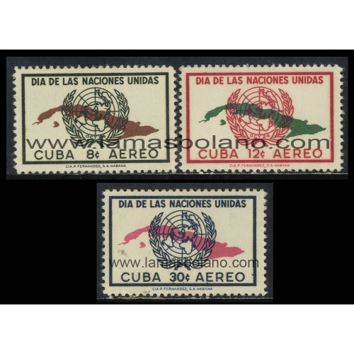 SELLOS CUBA 1957 - DIA DE LAS NACIONES UNIDAS - 3 VALORES - AEREO