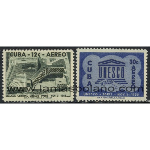 SELLOS CUBA 1958 - INAUGURACION DEL PALACIO DE LA UNESCO EN PARIS - 2 VALORES - AEREO