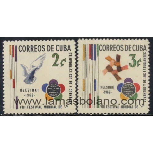 SELLOS CUBA 1962 - 8 FESTIVAL MUNDIAL DE LA JUVENTUD Y LOS ESTUDIANTES EN HELSINKI - 2 VALORES - CORREO