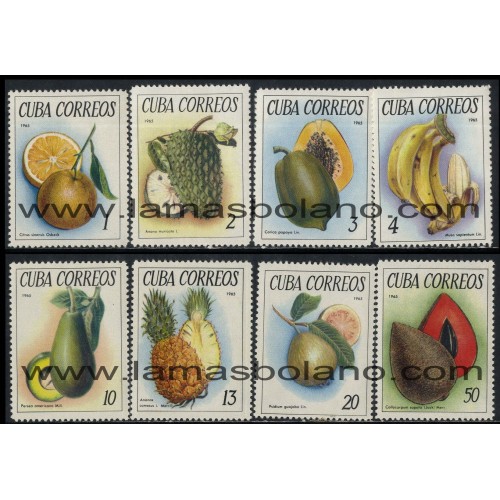 SELLOS CUBA 1965 - FRUTOS TROPICALES - 8 VALORES SEÑAL FIJASELLO - CORREO