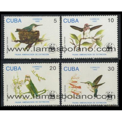 SELLOS CUBA 1992 - FAUNA EN PELIGRO DE EXTINCION - COLIBRI - 4 VALORES - CORREO