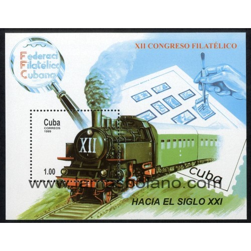SELLOS CUBA 1999 - 12 CONGRESO FILATELICO - LOCOMOTORA A VAPOR - HOJITA BLOQUE