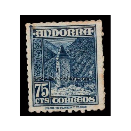 SELLOS ANDORRA ESPAÑOLA 1948-53 - TIPOS VARIOS, IGLESIA DE ORDINO - 1 VALOR LIGERA MOTA AL DORSO - CORREO