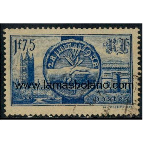 SELLOS FRANCIA 1938 - VISITA DE LOS SOBERANOS BRITANICOS - 1 VALOR MATASELLADO - CORREO