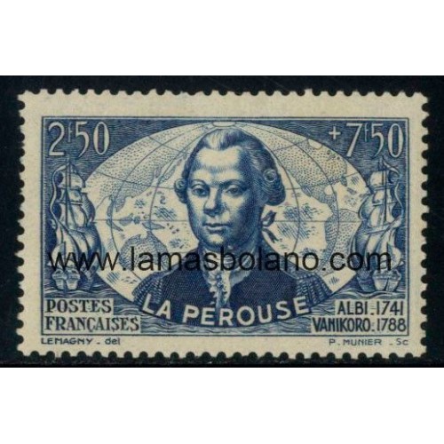 SELLOS FRANCIA 1942 - JEAN-FRANÇOIS DE GALAUP, CONDE DE LA PEROUSE - 1 VALOR FIJASELLO - CORREO