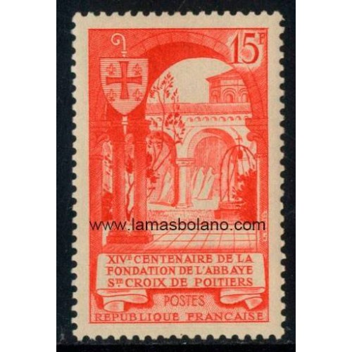 SELLOS FRANCIA 1952 - ABADIA DE SAINTE-CROIX DE POITIERS 14 CENTENARIO - 1 VALOR FIJASELLO - CORREO