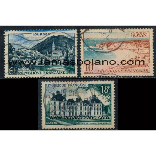 SELLOS FRANCIA 1954 - TURISMO, LOURDES, ROYAN, CHATEAUX DE LA LOIRE - 3 VALORES MATASELLADOS - CORREO