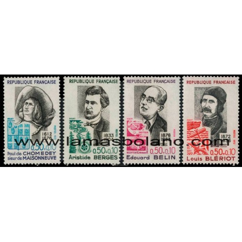 SELLOS FRANCIA 1972 - PAUL DE CHOMEDEY, ARISTIDE BERGES, EDOUARD BELIN, LOUIS BLERIOT - 4 VALORES - CORREO