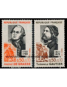 SELLOS FRANCIA 1972 - AMIRAL DE GRASSE, THEOPHILE GAUTIER - 2 VALORES - CORREO
