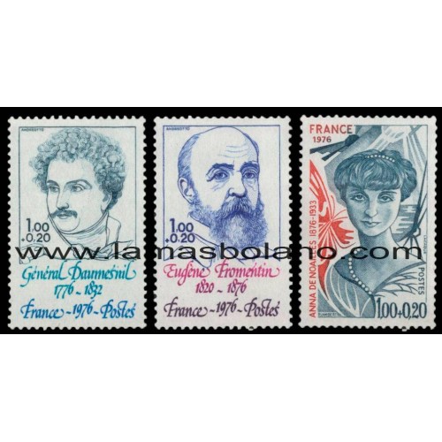 SELLOS FRANCIA 1976 - GENERAL DAUMESNIL, EUGENE FROMENTIN, ANNA DE NOAILLES - 3 VALORES - CORREO