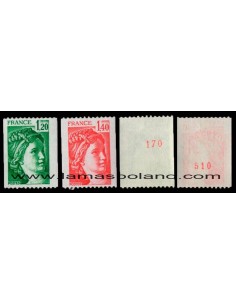 SELLOS FRANCIA 1980 - SABINE - 2 VALORES CON NUMERO ROJO AL DORSO - CORREO