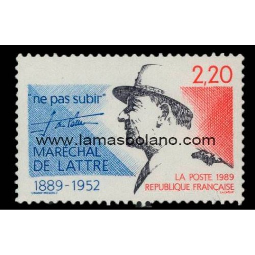 SELLOS FRANCIA 1989 - MARISCAL DE LATTRE DE TASSIGNY CENTENARIO DEL NACIMIENTO - 1 VALOR - CORREO