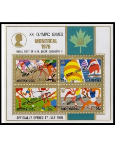SELLOS DE AITUTAKI 1976 - OLIMPIADA DE MONTREAL CON SOBRECARGA VISITA DE LA REINA ELIZABETH - HOJITA BLOQUE