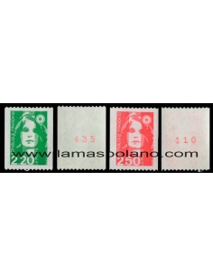 SELLOS FRANCIA 1991 - MARIANNE DEL BICENTENARIO - 2 VALORES NUMERO ROJO DORSO DENTADO HORIZONTAL SIN DENTAR VERTICAL - CORREO