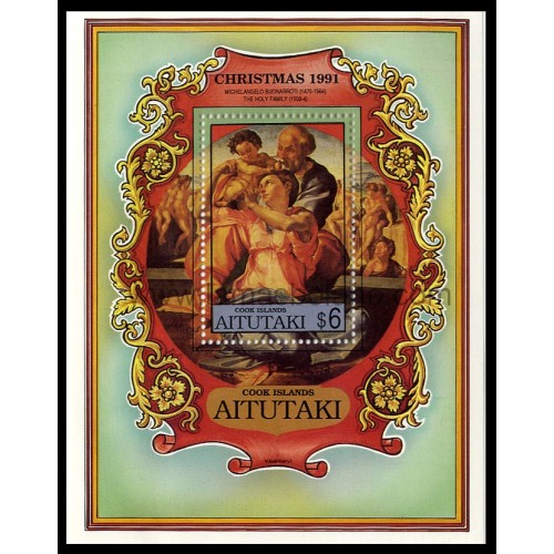 SELLOS DE AITUTAKI 1991 - NAVIDAD PINTURA DE MIGUEL ANGEL - HOJITA BLOQUE