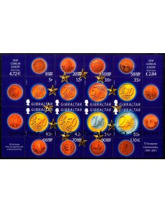 SELLOS GIBRALTAR 2002 - 1 ENERO 2002 PUESTA EN CIRCULACION MONEDAS Y BILLETES EN EURO - HOJA 8 VALORES - CORREO