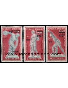 SELLOS GABON 1972 - OLIMPIADA DE MUNICH MEDALLAS DE ORO - 3 VALORES SOBRECARGADOS - AEREO