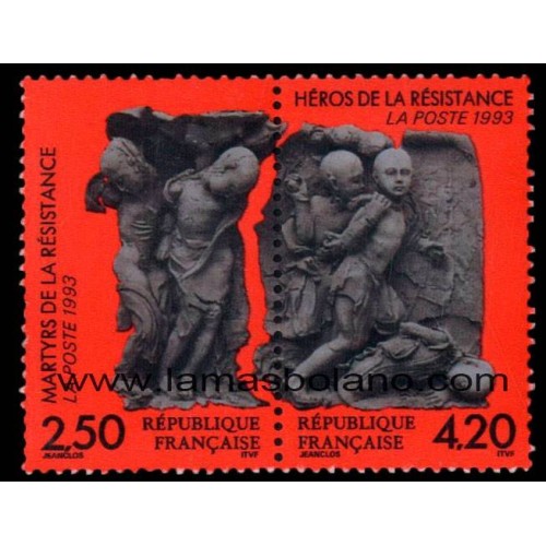 SELLOS FRANCIA 1993 - MARTIRES Y HEROES DE LA RESISTENCIA - 2 VALORES DIPTICO - CORREO