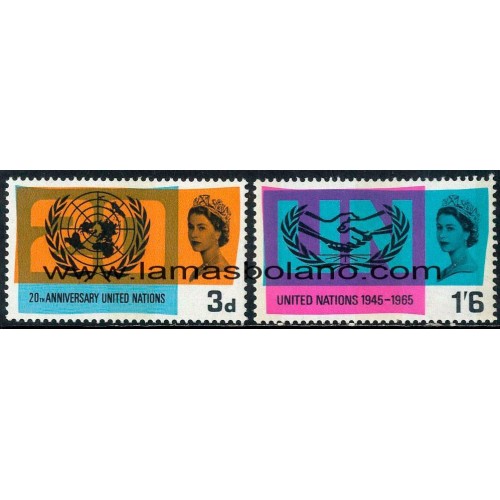 SELLOS INGLATERRA 1965 - AÑO DE LA COOPERACION INTERNACIONAL Y 20 ANIVERSARIO ONU - 2 VALORES FOSFORO - CORREO
