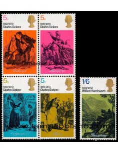 SELLOS INGLATERRA 1970 - CHARLES DICKENS Y WILLIAM WORDSWORTH - 5 VALORES 4 BLOQUE CUATRO - CORREO